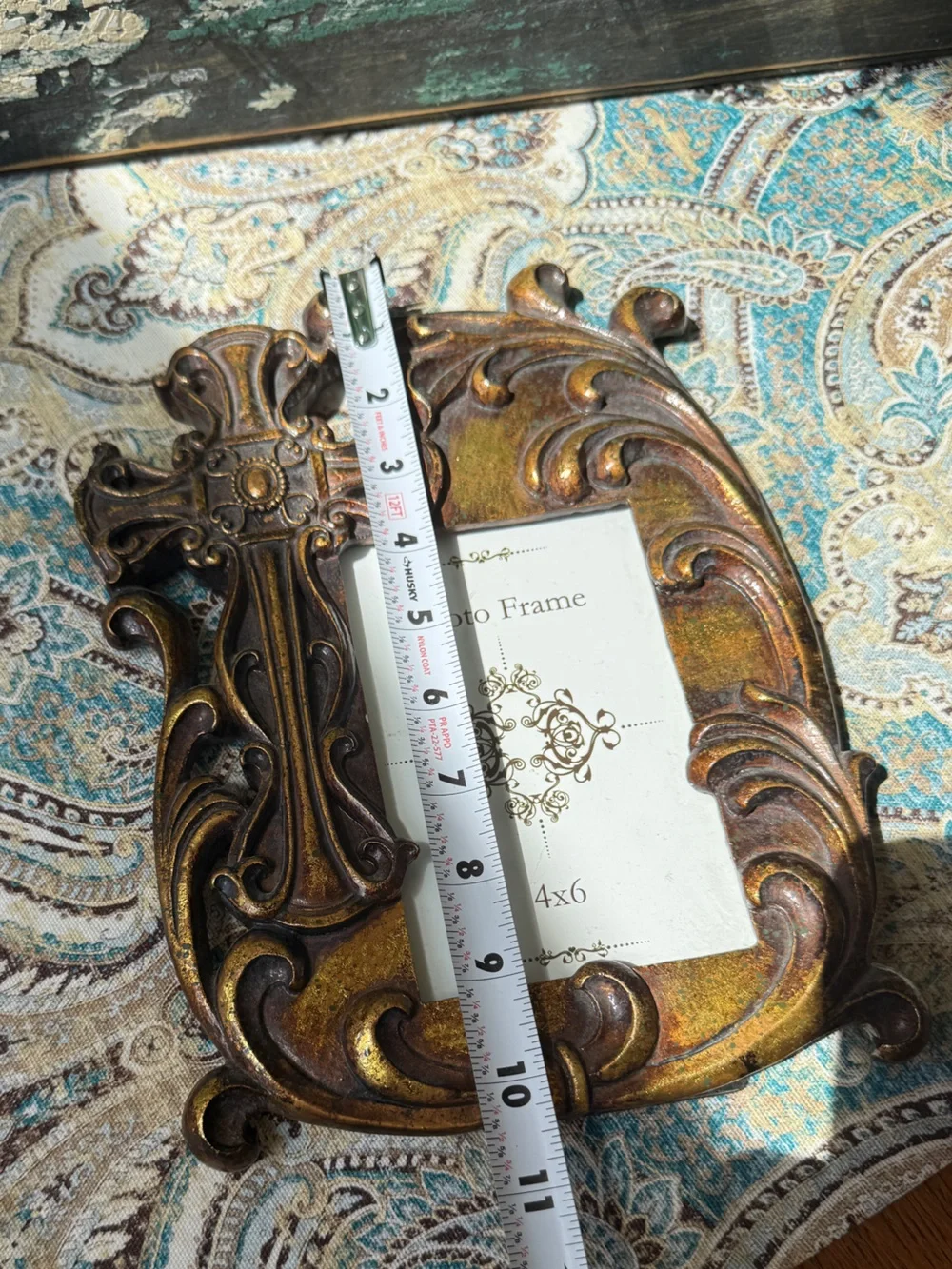 Ornate Cross 4x6 Photo Frame Bronze Gold Scrollwork Christian Home Decor